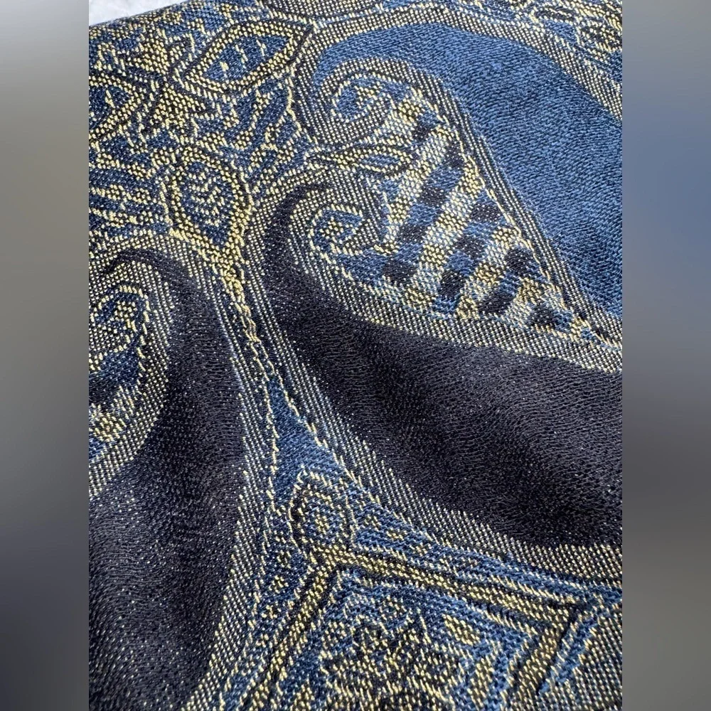 New Blue, Gold, Cream Paisley Print Soft Cozy Luxe Fringe Scarf - 67” x 28”